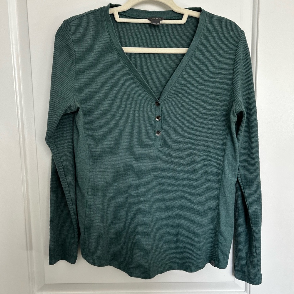 Eddie Bauer Henley Myriad Thermal Teal Long Sleeve Top Buttons Cotton Recycled